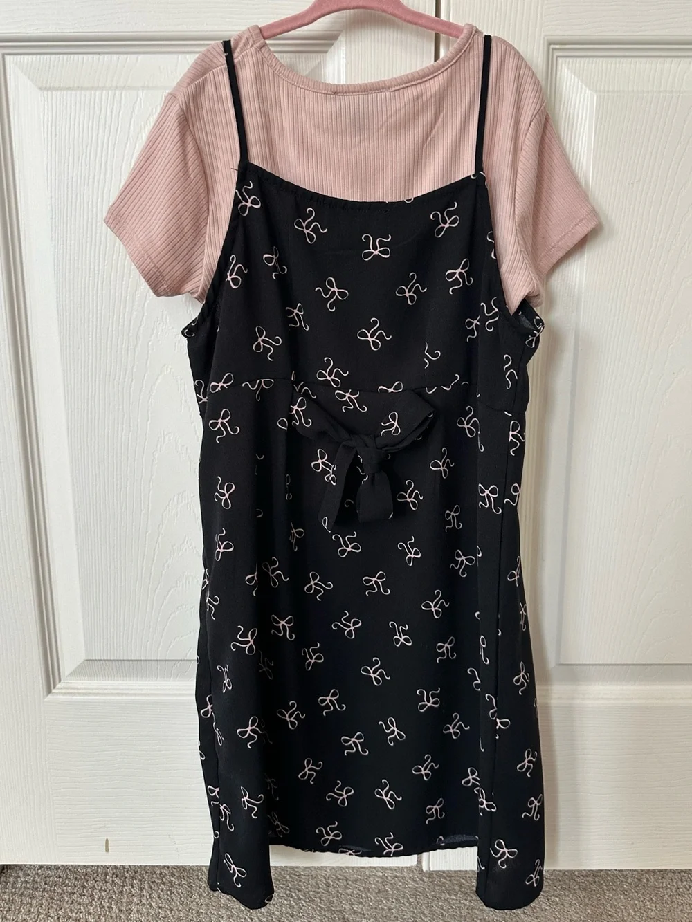 Beautees- Pink Ribbed Tee with Black Bow-Print Slip Dress